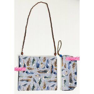 HANDMADE BUNDLE Blue Feather Beaded Rustic Crossbody Bag Wristlet Corduroy Set